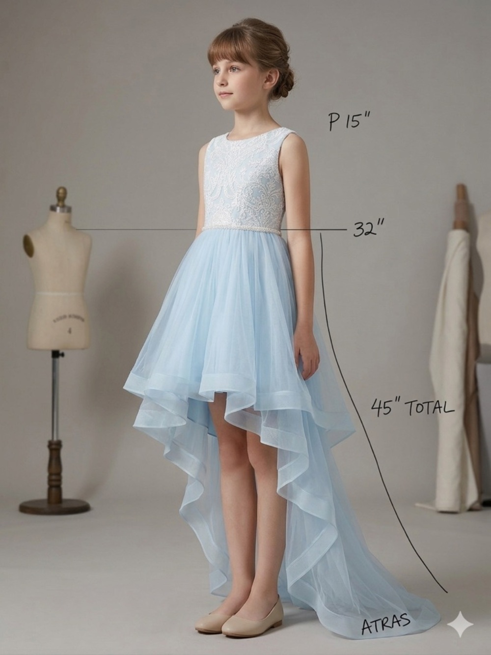 Light Blue Lace & Tulle High-Low Girls Dress Sz 14